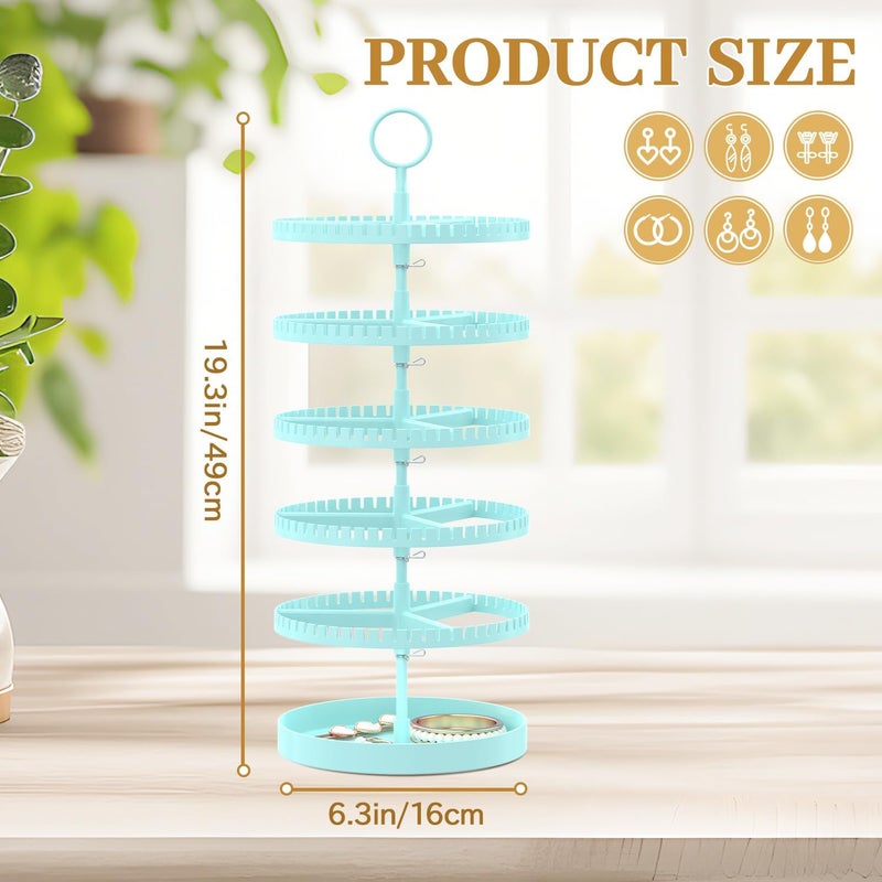 MODOWEY 5 Tier Rotating Earring Holder Organizer Display Tree with Metal Tray, Adjustable Plastic Stand with 285 Slots for Stud Hoop Hanger, Large Capacity Storage Rack for Women Space Saving, Blue - Image 2